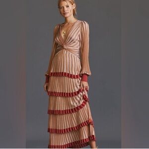 Cecilia Prado Anthropologie Elegant Striped Maxi Dress with Pink and Rust Tones